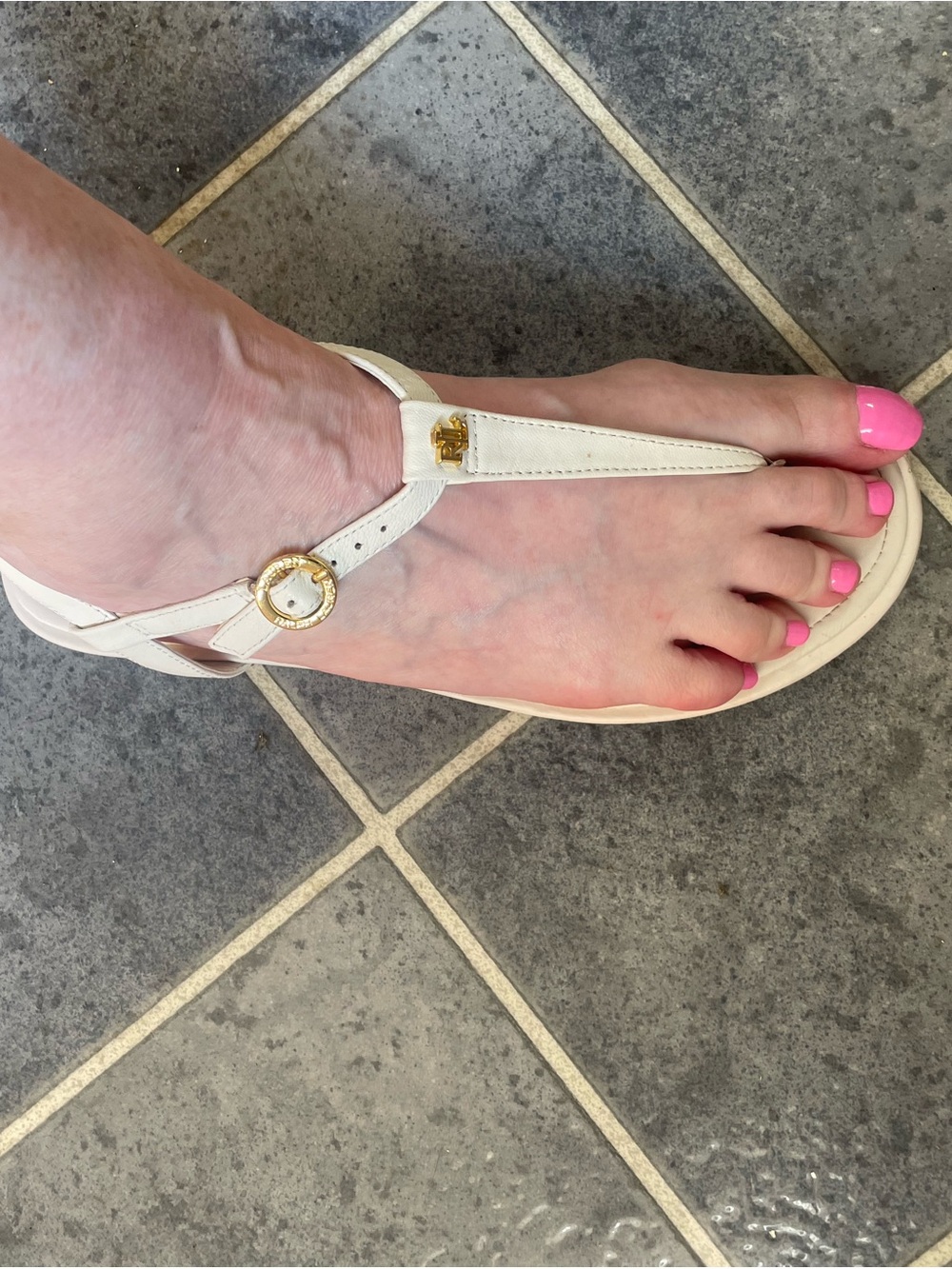 Ralph Lauren White T-Strap Gold-Accent Sandals - Picture 4 of 7